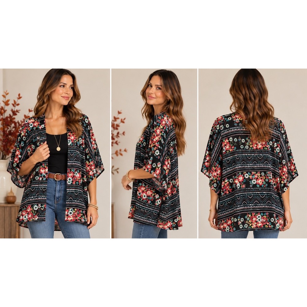 LULAROE Bianka Womens 3 XS S Kimono Cardigan Black Floral Aztec Boho Open Front